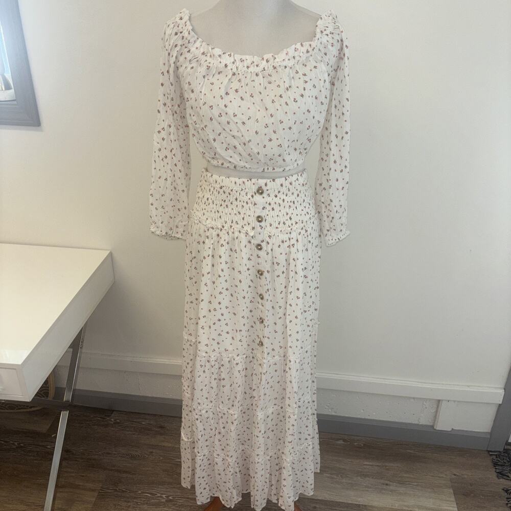 Women’s White Floral Maxi Sz Lg Two Piece‎ Set Off Shoulder Crop Top Skirt Linen